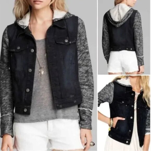 Free People Mixed Media Distressed Cropped Hooded Denim Knit Jean Jacket Size S - Picture 2 of 12